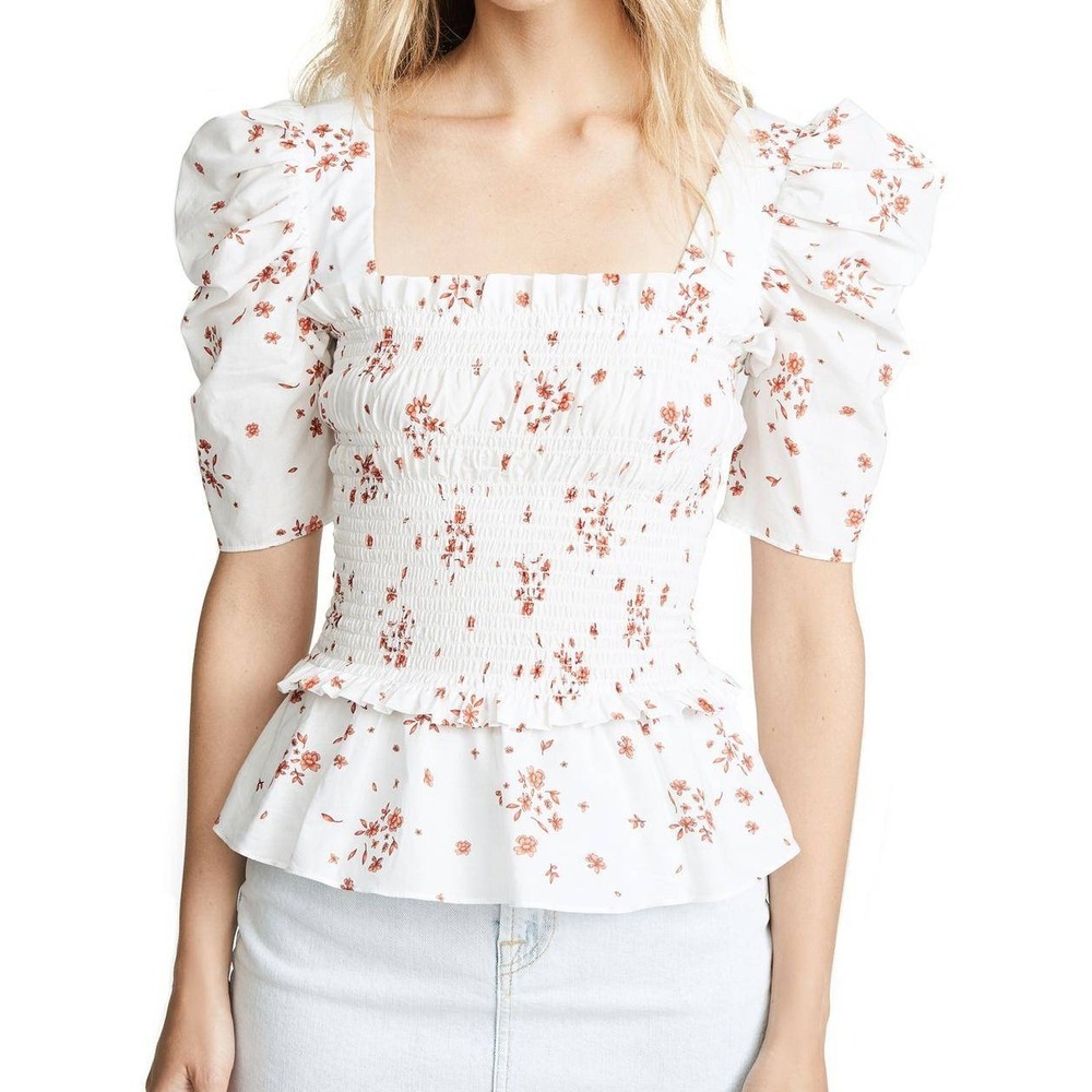 Amanda Uprichard White Ditsy Floral Puff Sleeve Smocked Top Cottagecore Small